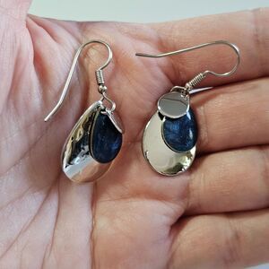 Silver Forest Blue Enamel Teardrop Layered Earrings